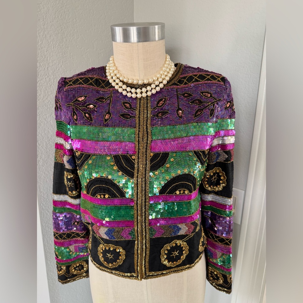 100% Silk Heavily Beaded Sequin Leslie Faye Bolero Small - Picture 11 of 11